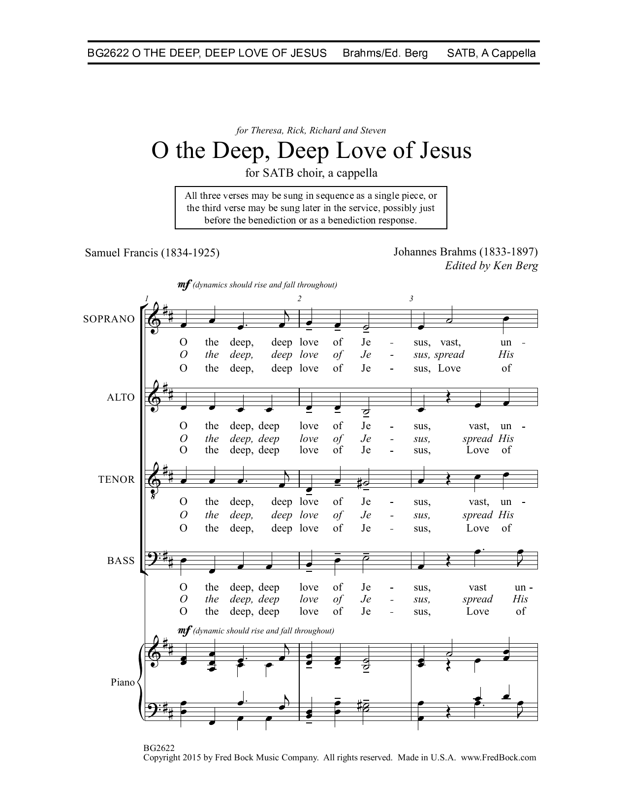Johannes Brahms O The Deep, Deep Love Of Jesus (ed. Ken Berg) sheet music notes and chords arranged for SATB Choir