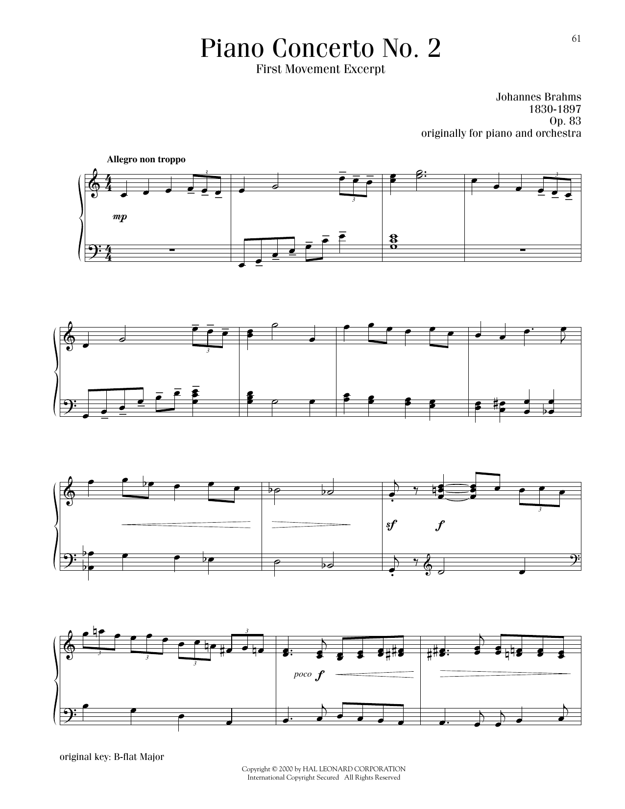 Johannes Brahms Piano Concerto No. 2, First Movement Excerpt sheet music notes and chords arranged for Piano Solo