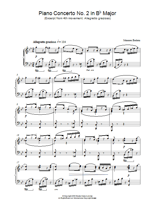 Johannes Brahms Piano Concerto No. 2 in Bb Major (Excerpt from 4th movement: Allegretto grazioso) sheet music notes and chords arranged for Piano Solo