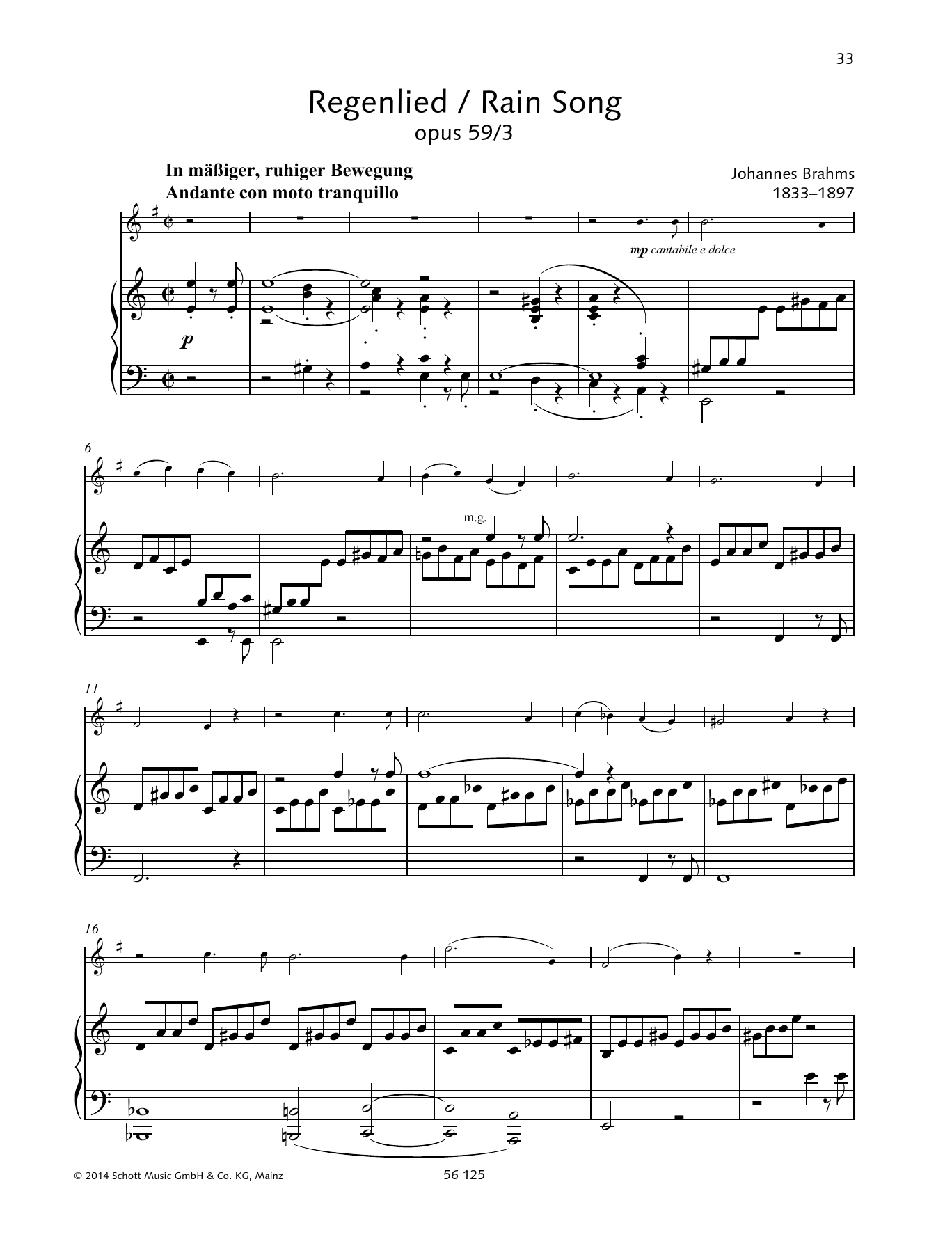 Johannes Brahms Regenlied sheet music notes and chords arranged for Brass Solo