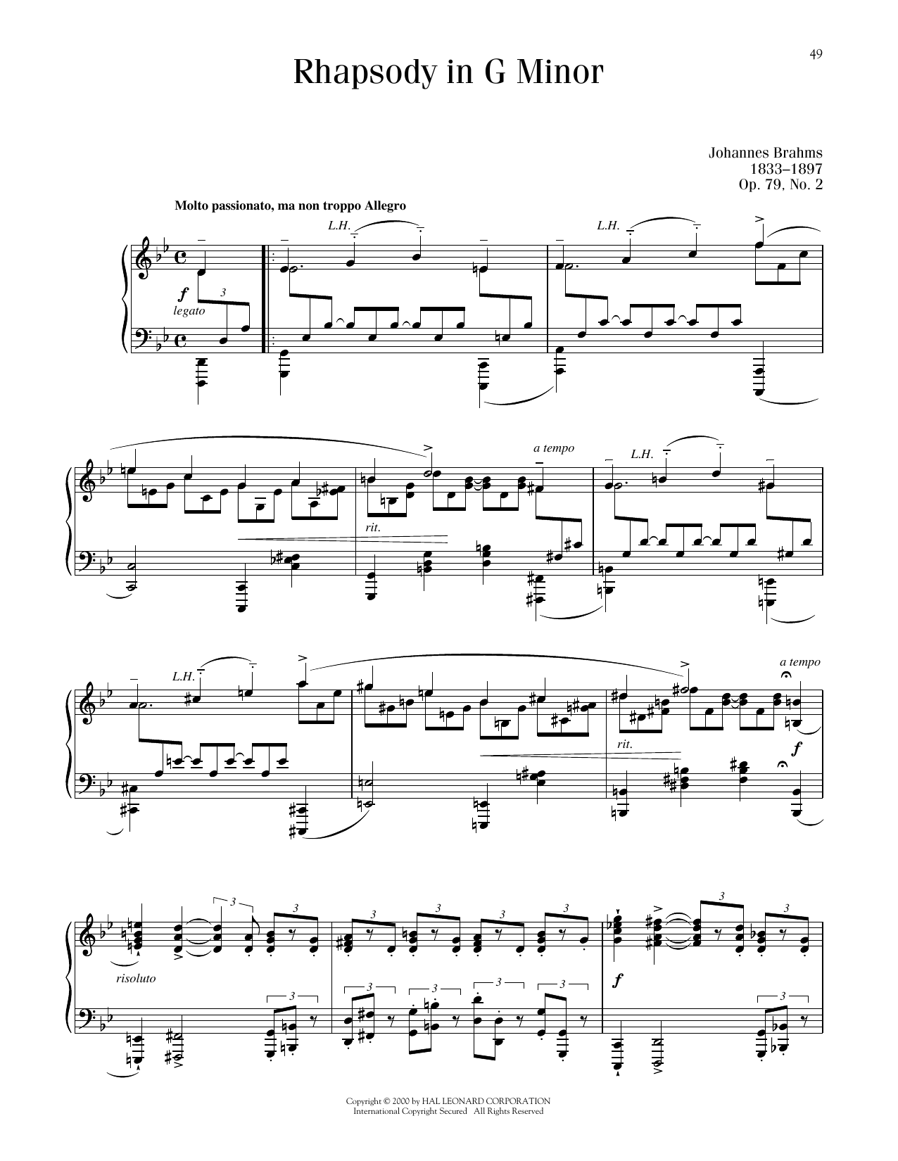 Johannes Brahms Rhapsody In G Minor, Op. 79, No. 2 sheet music notes and chords arranged for Piano Solo
