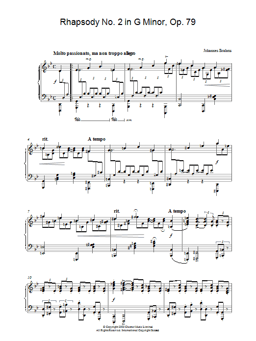 Johannes Brahms Rhapsody No. 2 in G Minor, Op. 79 sheet music notes and chords arranged for Piano Solo