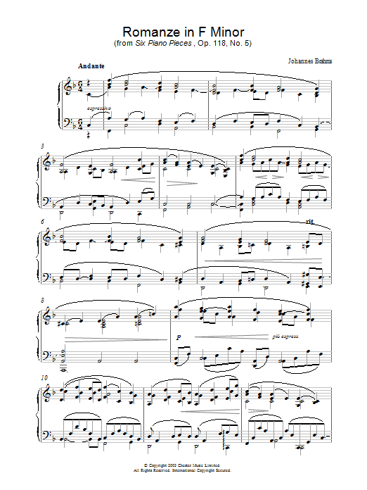 Johannes Brahms Romanze in F Minor (from Six Piano Pieces, Op. 118, No. 5) sheet music notes and chords arranged for Piano Solo