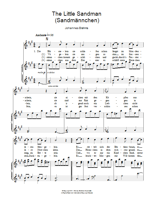 Johannes Brahms Sandmannchen (The Little Sandman) sheet music notes and chords arranged for Piano & Vocal