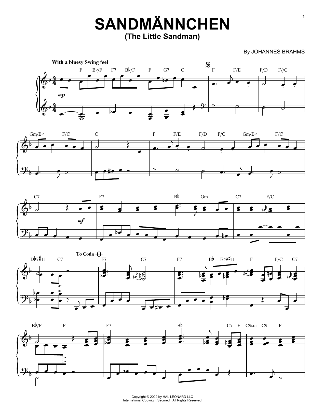 Johannes Brahms Sandmannchen (The Little Sandman), WoO 31, No. 4 [Jazz version] (arr. Brent Edstrom) sheet music notes and chords arranged for Piano Solo
