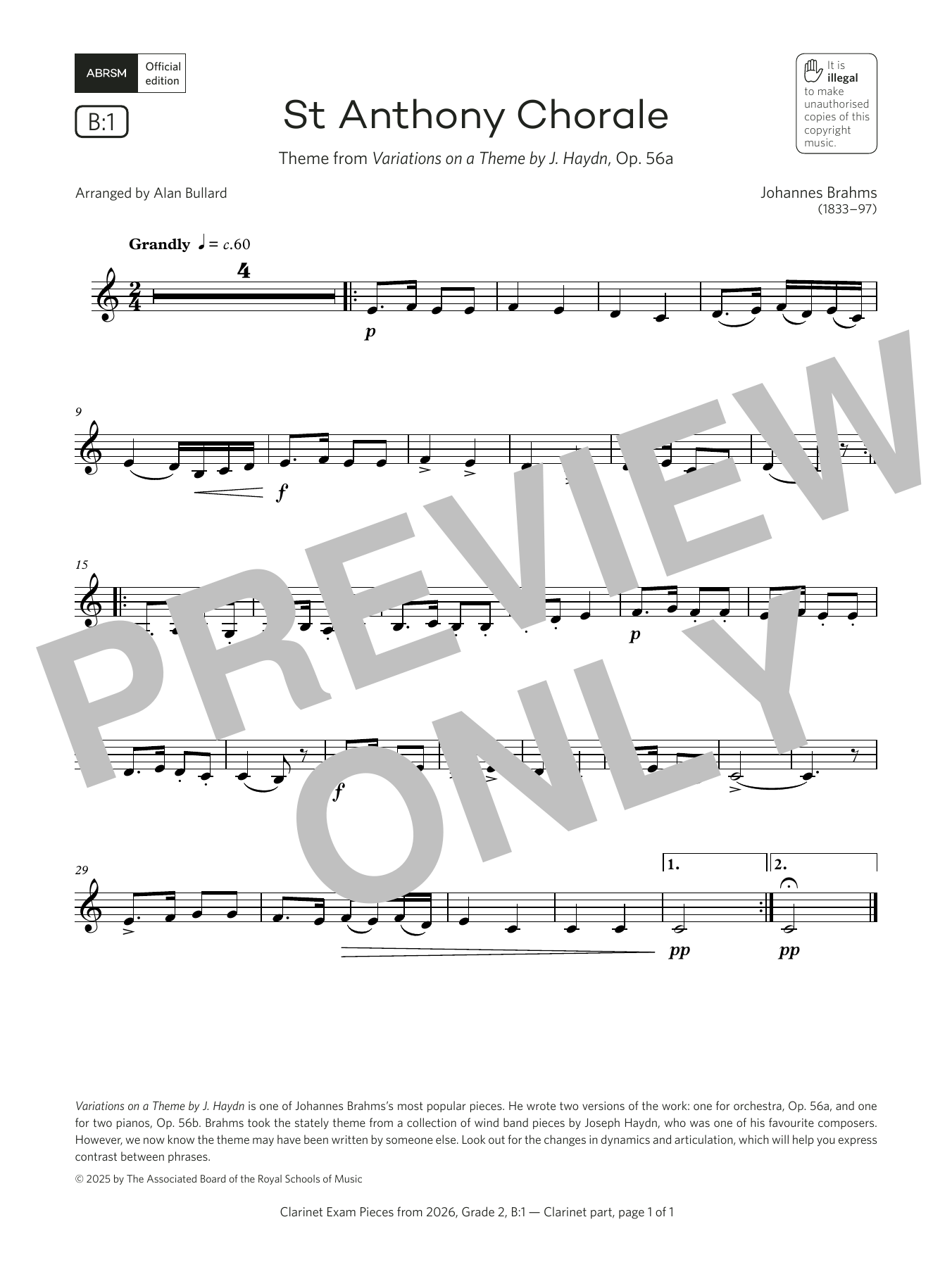 Johannes Brahms St Anthony Chorale (Grade 2, list B1, from the ABRSM Clarinet Syllabus from 2026) sheet music notes and chords arranged for Clarinet Solo