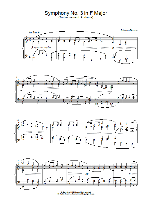 Johannes Brahms Symphony No. 3 in F Major (2nd movement: Andante) sheet music notes and chords arranged for Piano Solo