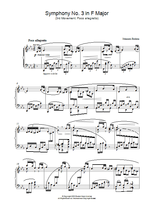 Johannes Brahms Symphony No. 3 In F Major (3rd movement: Poco allegretto) sheet music notes and chords arranged for Piano Solo