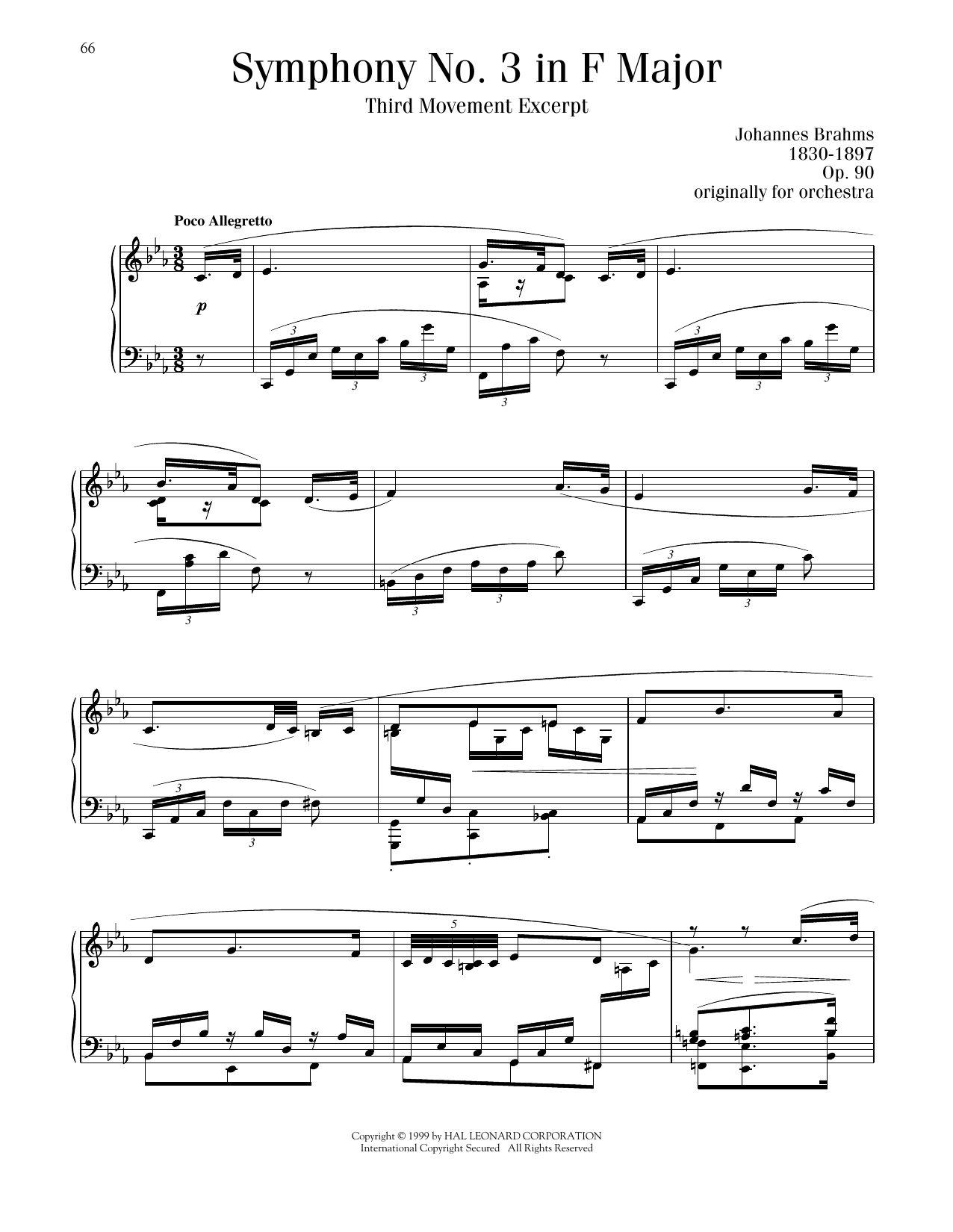 Johannes Brahms Symphony No. 3 In F Major, Op. 90 sheet music notes and chords arranged for Piano Solo