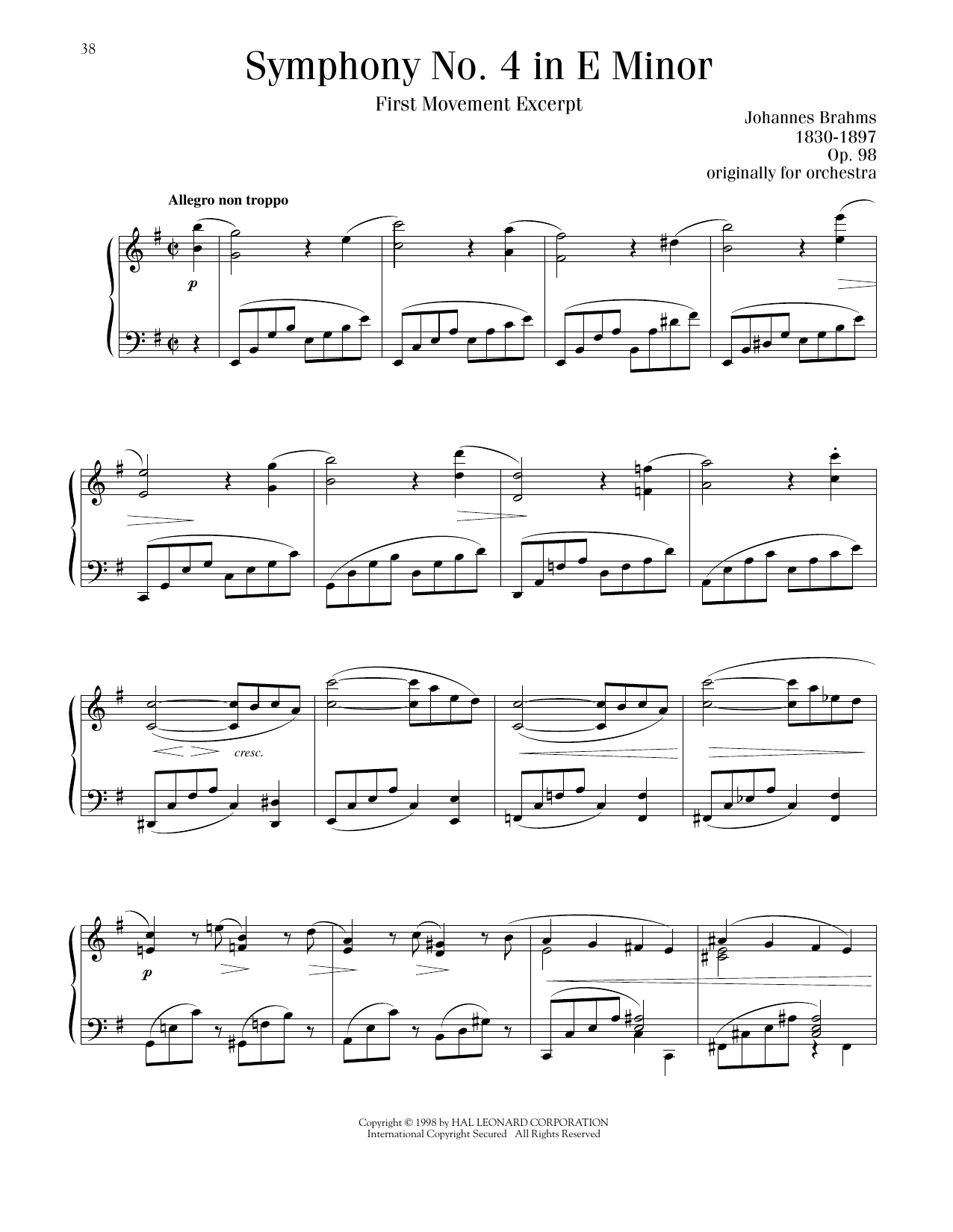 Johannes Brahms Symphony No. 4 in E Minor, First Movement Excerpt sheet music notes and chords arranged for Piano Solo