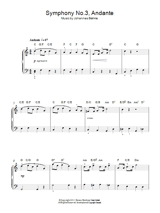 Johannes Brahms Symphony No.3, Andante sheet music notes and chords arranged for Easy Piano