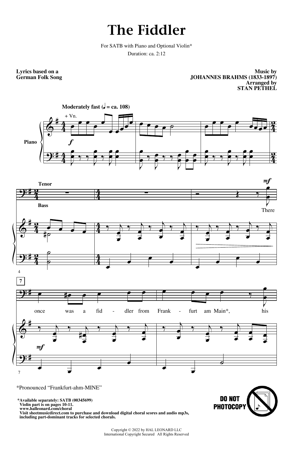Johannes Brahms The Fiddler (arr. Stan Pethel) sheet music notes and chords arranged for SATB Choir