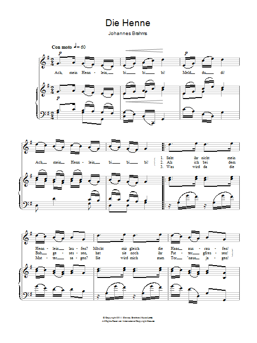 Johannes Brahms The Hen (Die Henne) sheet music notes and chords arranged for Piano & Vocal