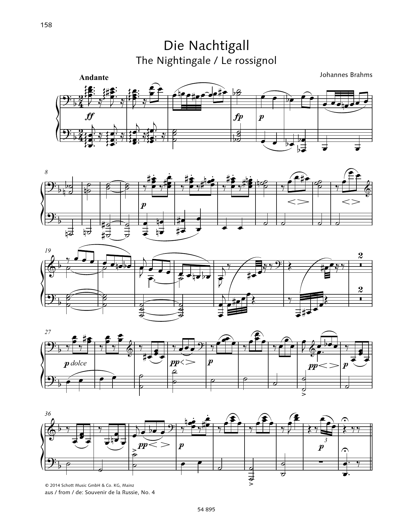 Johannes Brahms The Nightingale sheet music notes and chords arranged for Piano Duet