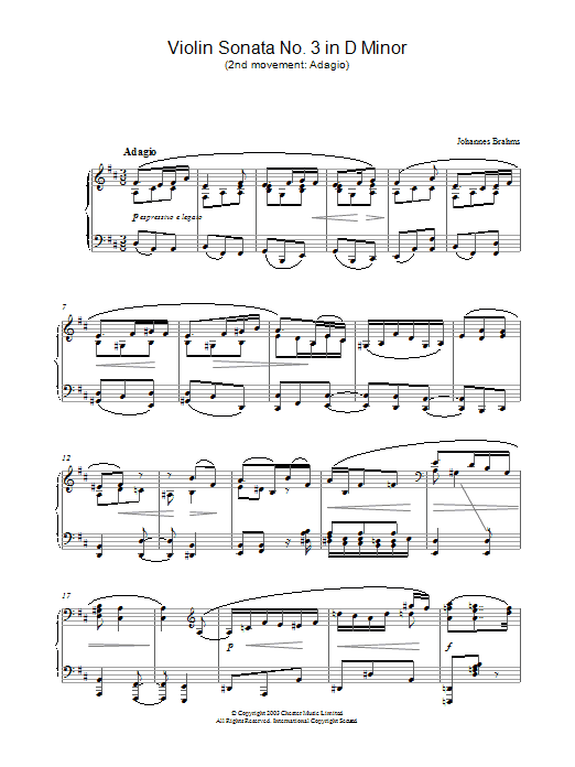 Johannes Brahms Violin Sonata No. 3 in D Minor (2nd movement: Adagio) sheet music notes and chords arranged for Piano Solo
