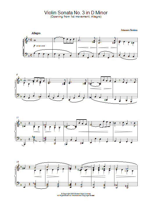Johannes Brahms Violin Sonata No. 3 in D Minor (Opening from 1st movement: Allegro) sheet music notes and chords arranged for Piano Solo