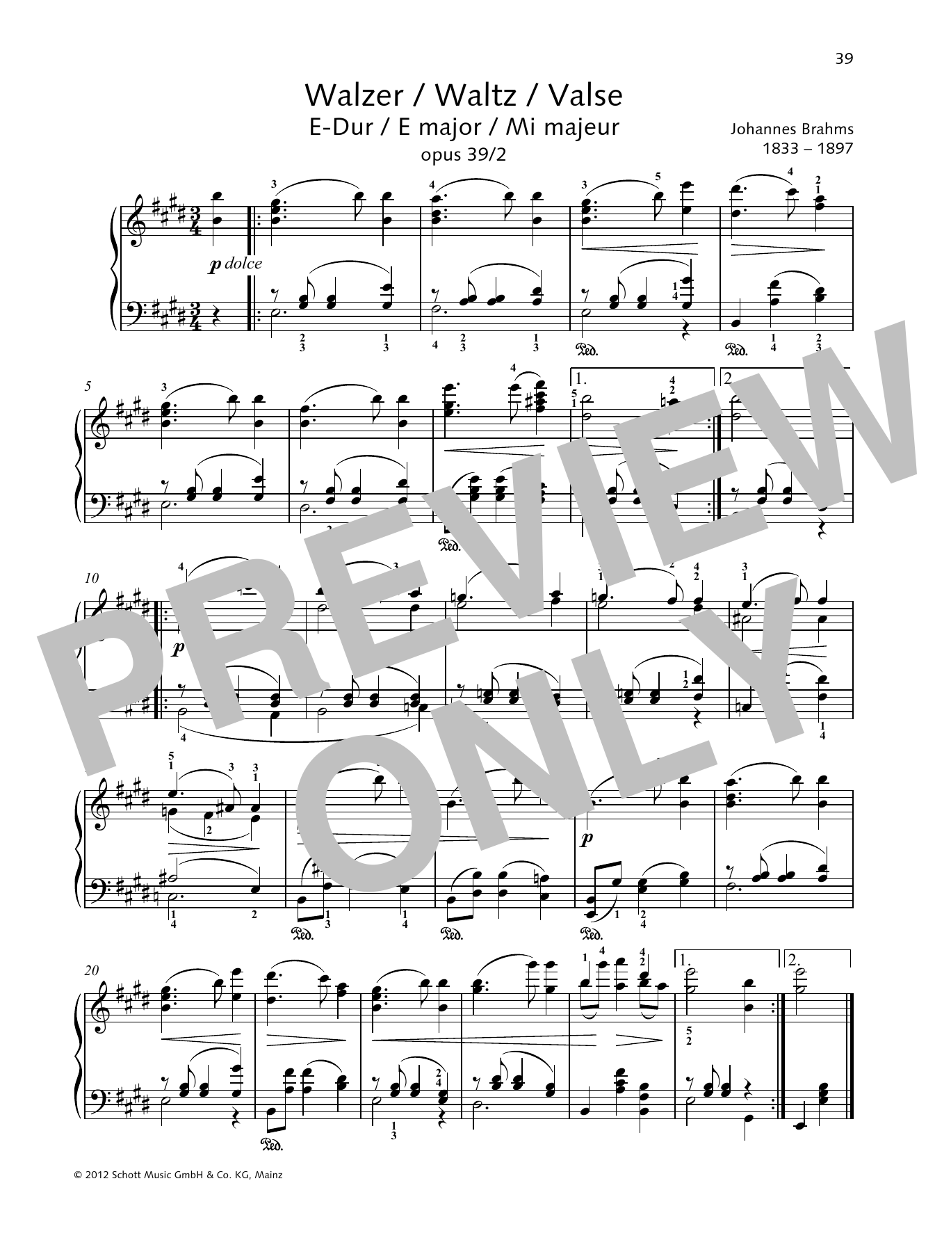 Johannes Brahms Waltz E major sheet music notes and chords arranged for Piano Solo