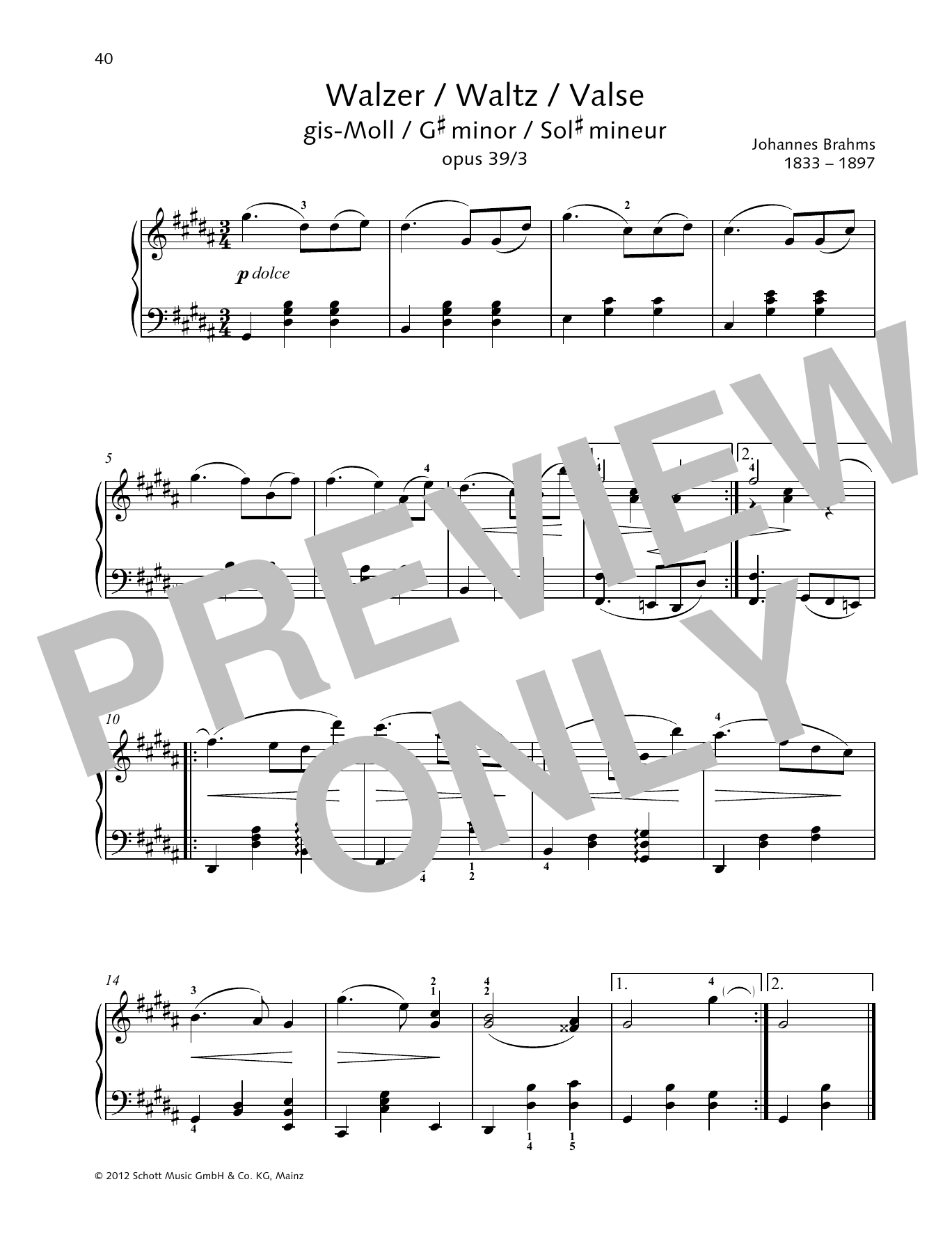 Johannes Brahms Waltz G-sharp minor sheet music notes and chords arranged for Piano Solo