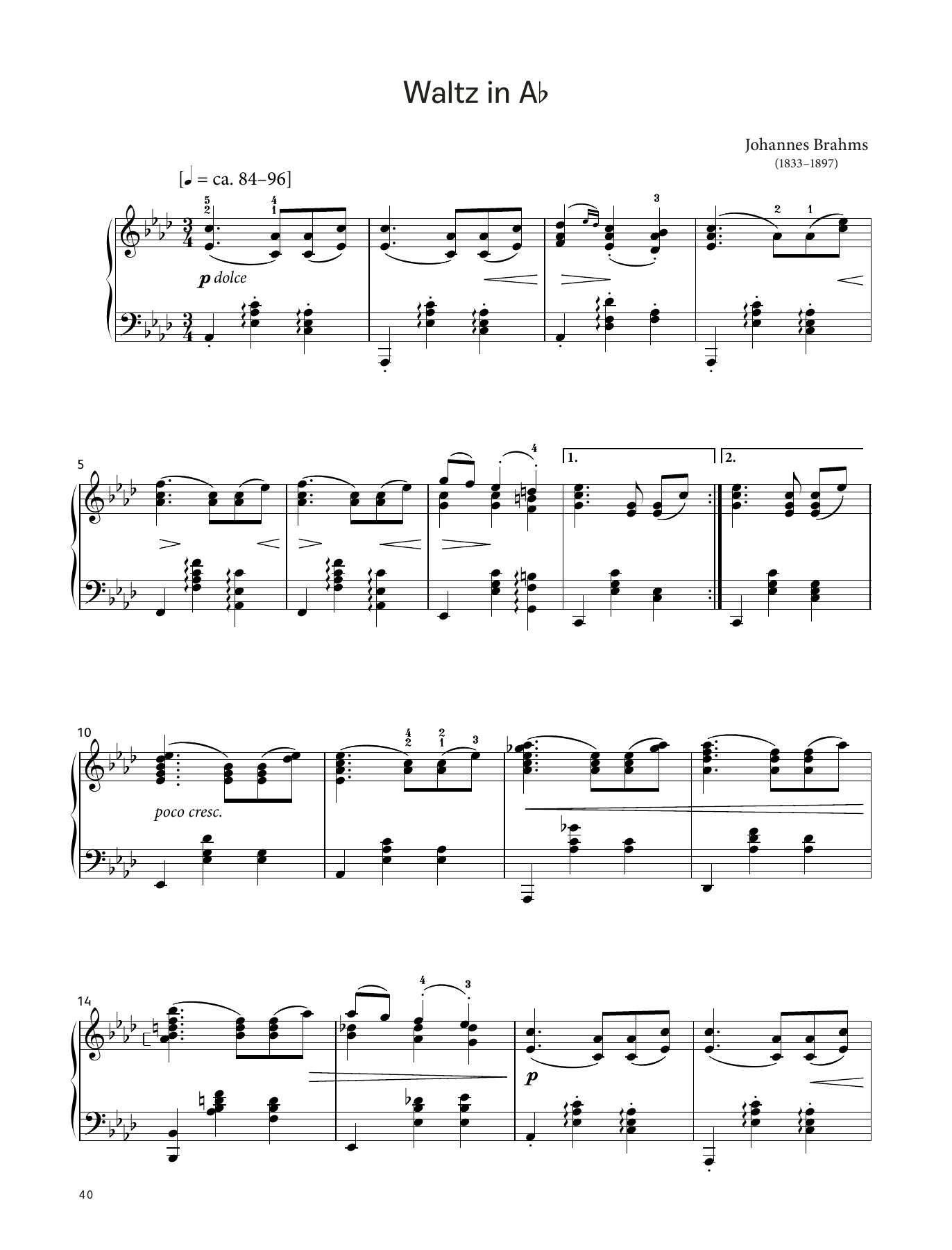 Johannes Brahms Waltz in A‑flat, Op. 39 No. 15 (LCME Piano 2018 Grade 6 List B) sheet music notes and chords arranged for Piano Solo