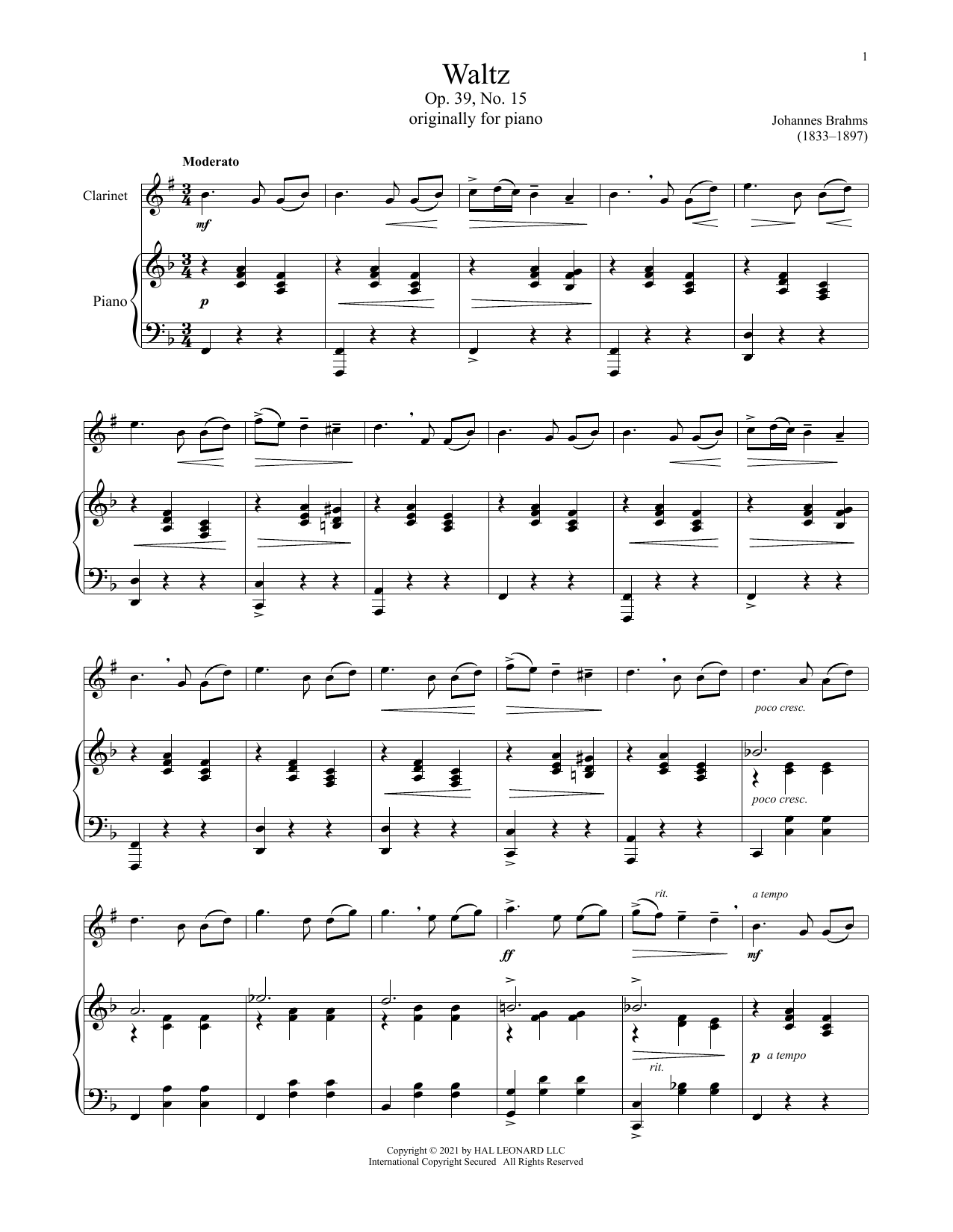 Johannes Brahms Waltz In A Major, Op. 39, No. 15 sheet music notes and chords arranged for Clarinet and Piano