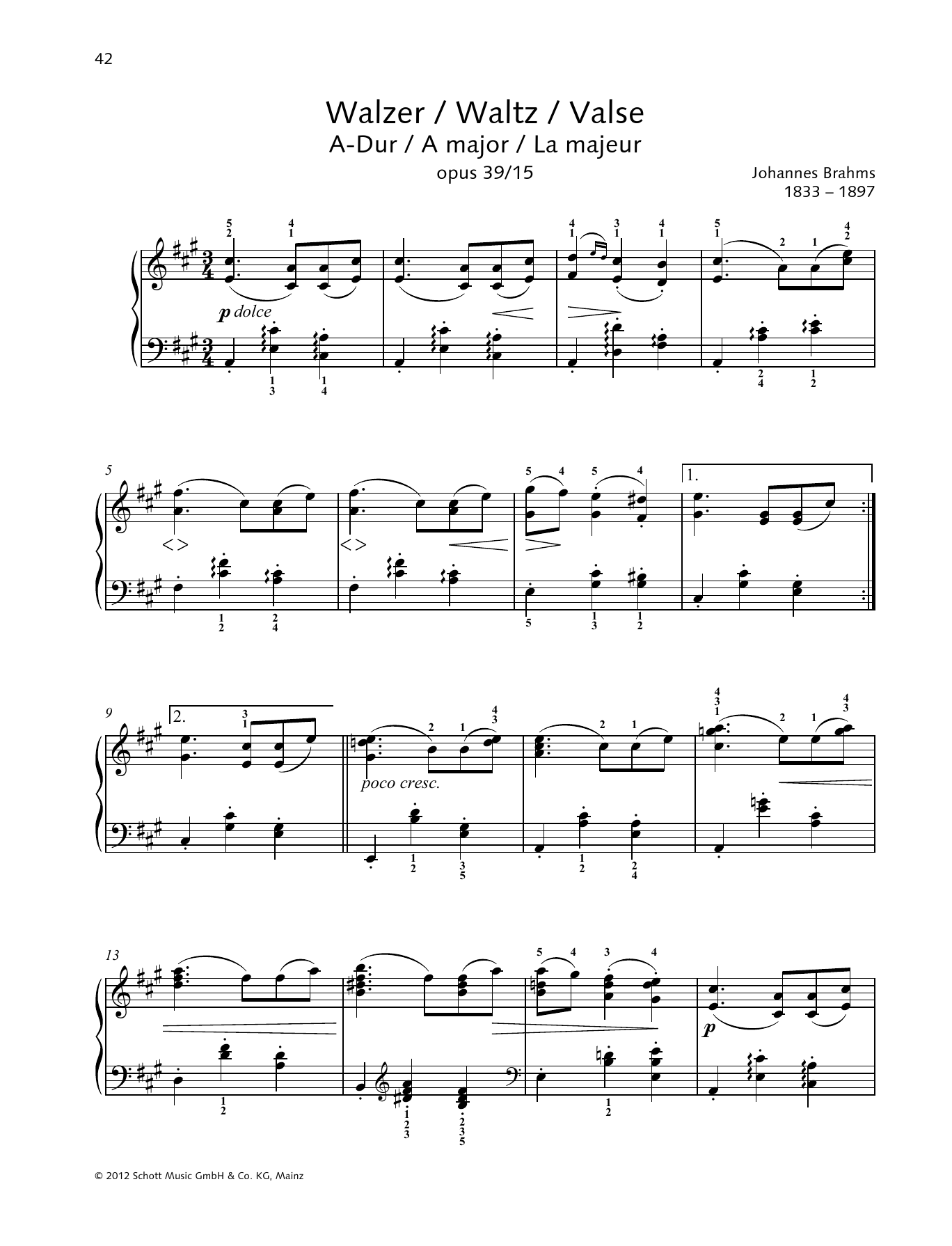 Johannes Brahms Waltz In A, Op. 39, No. 15 sheet music notes and chords arranged for Piano Solo