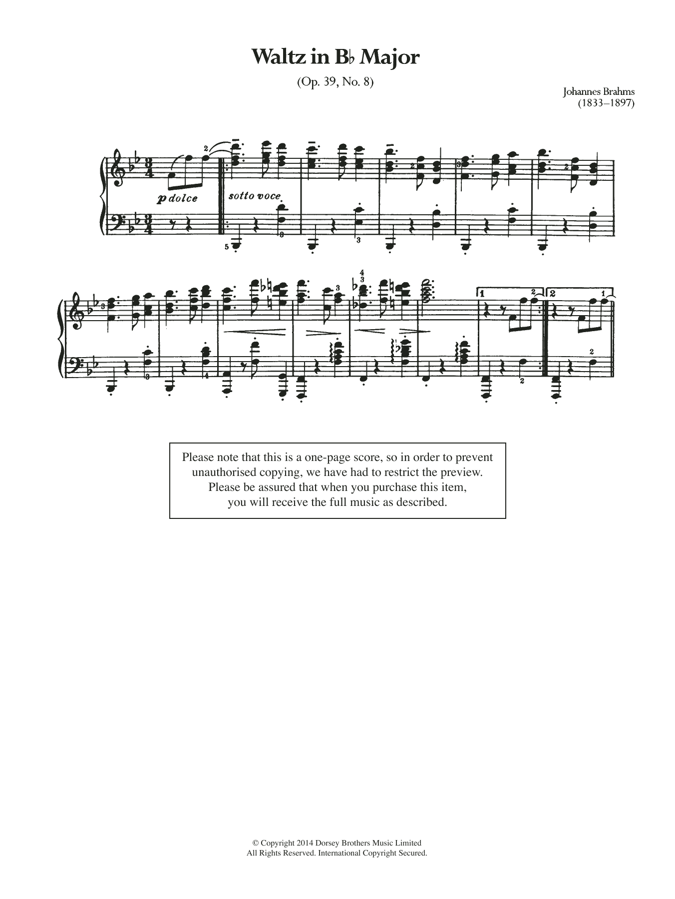 Johannes Brahms Waltz In B Flat, Op.39 No.8 sheet music notes and chords arranged for Piano Solo