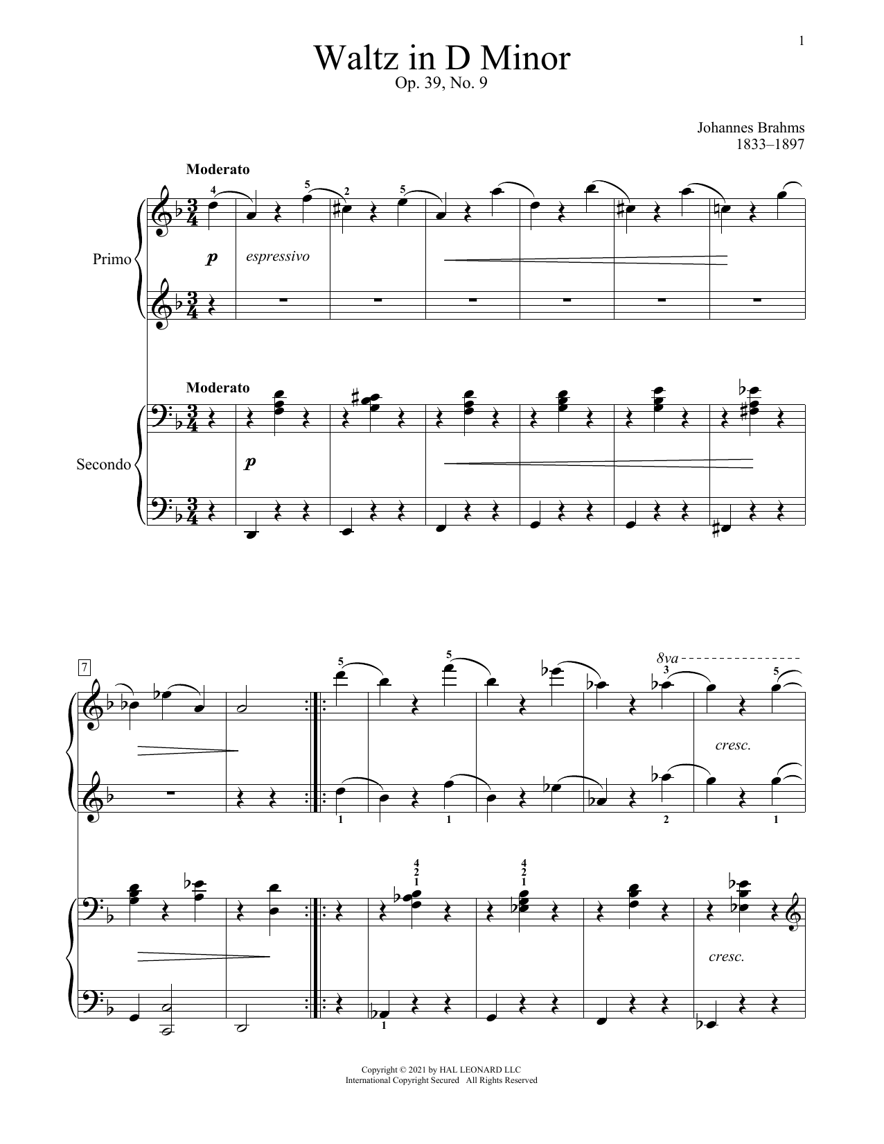 Johannes Brahms Waltz In D Minor, Op. 39, No. 9 sheet music notes and chords arranged for Piano Duet