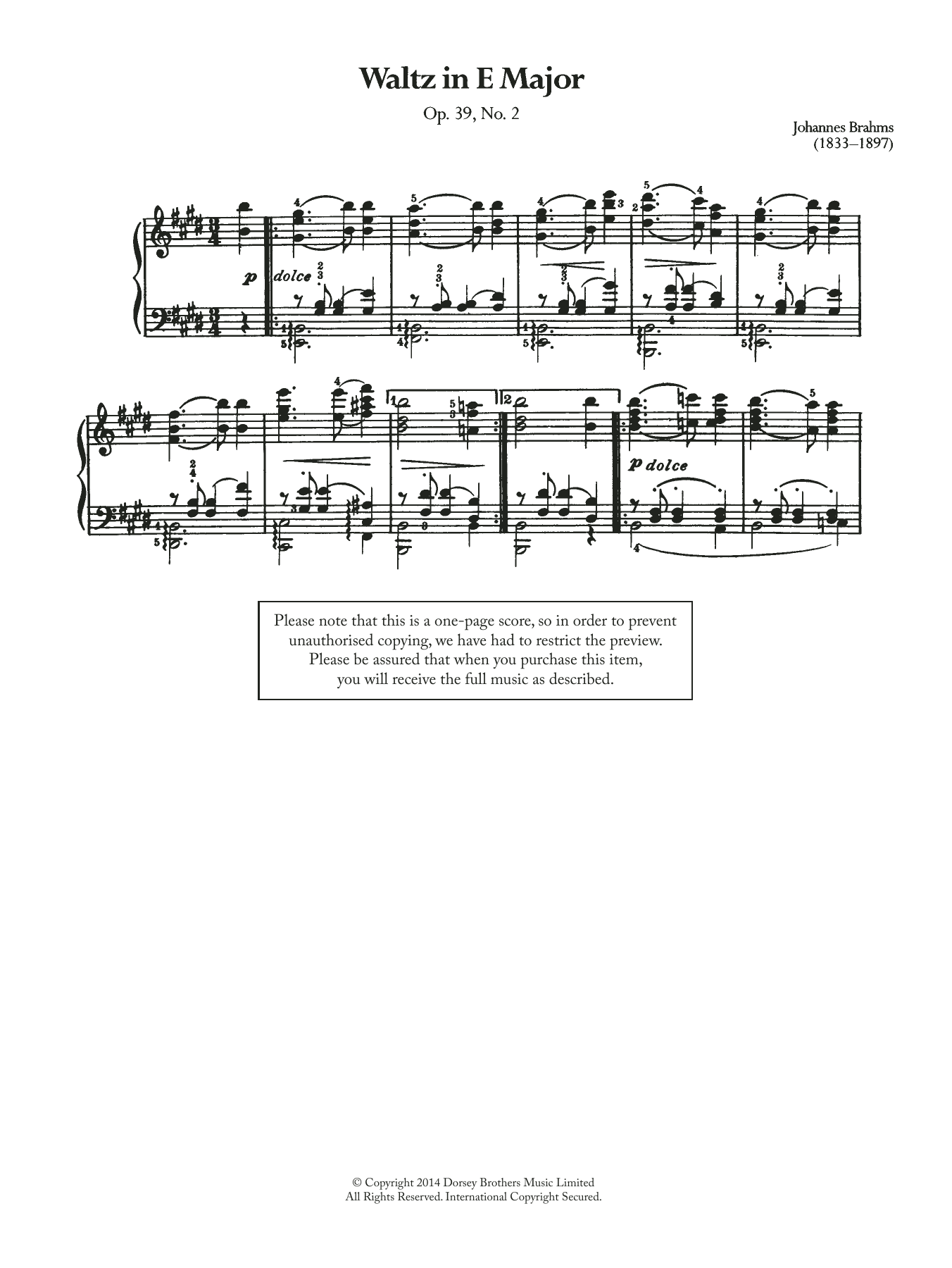 Johannes Brahms Waltz In E Major, Op.39 No.2 sheet music notes and chords arranged for Piano Solo