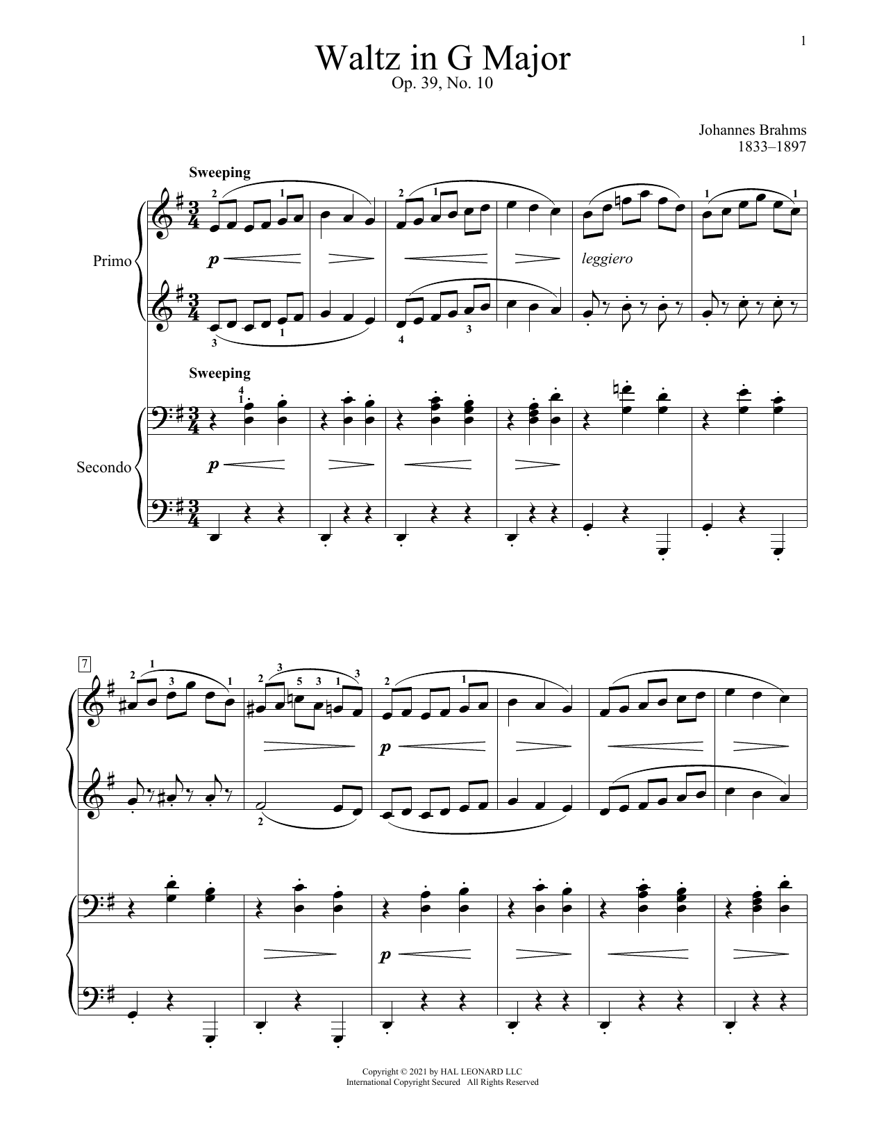 Johannes Brahms Waltz In G Major, Op. 39, No. 10 sheet music notes and chords arranged for Piano Duet