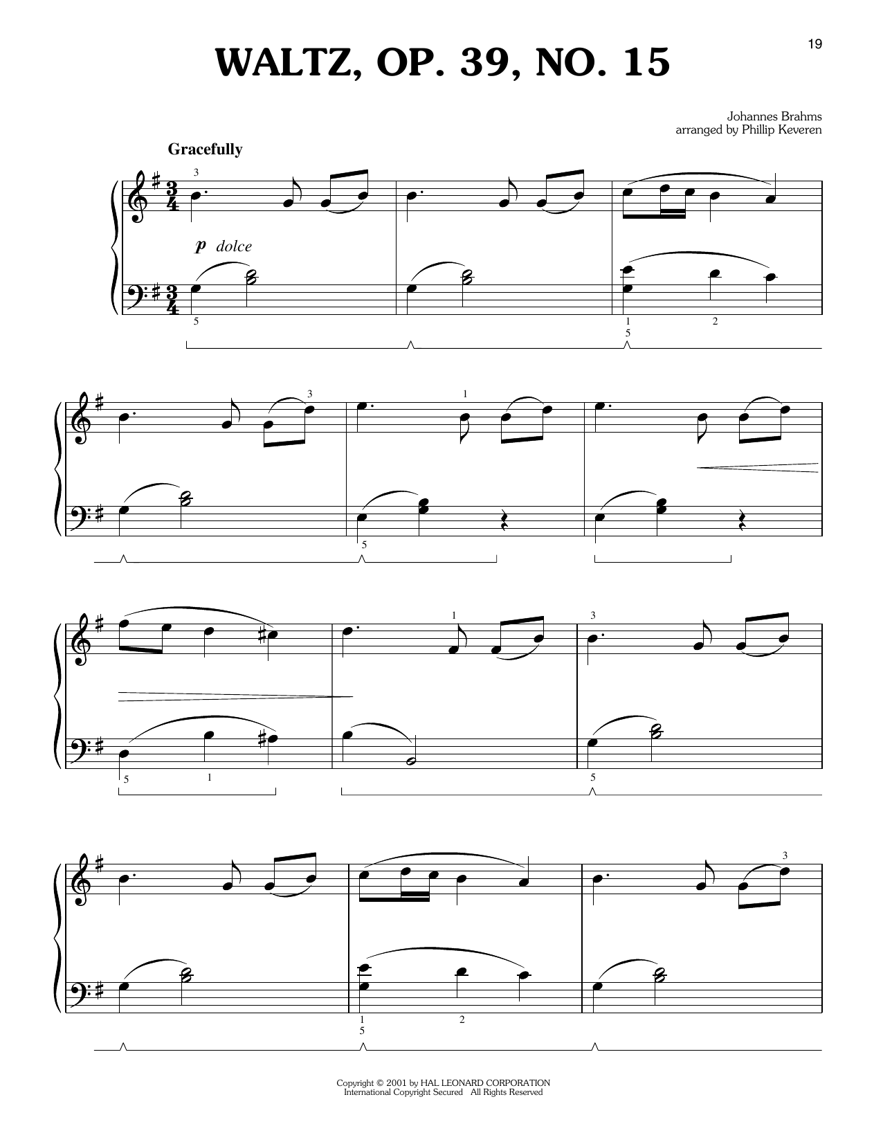 Johannes Brahms Waltz, Op. 39 (arr. Phillip Keveren) sheet music notes and chords arranged for Easy Piano