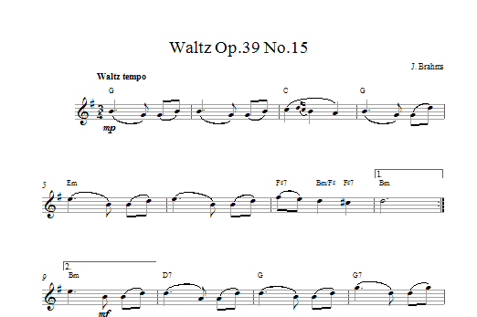 Johannes Brahms Waltz Op. 39, No. 15 sheet music notes and chords arranged for Alto Sax Solo