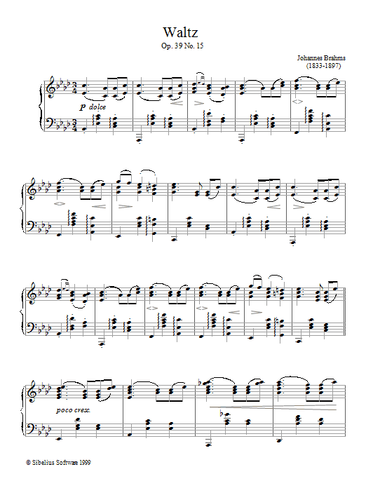 Johannes Brahms Waltz Op.39, No.15 sheet music notes and chords arranged for Piano Solo