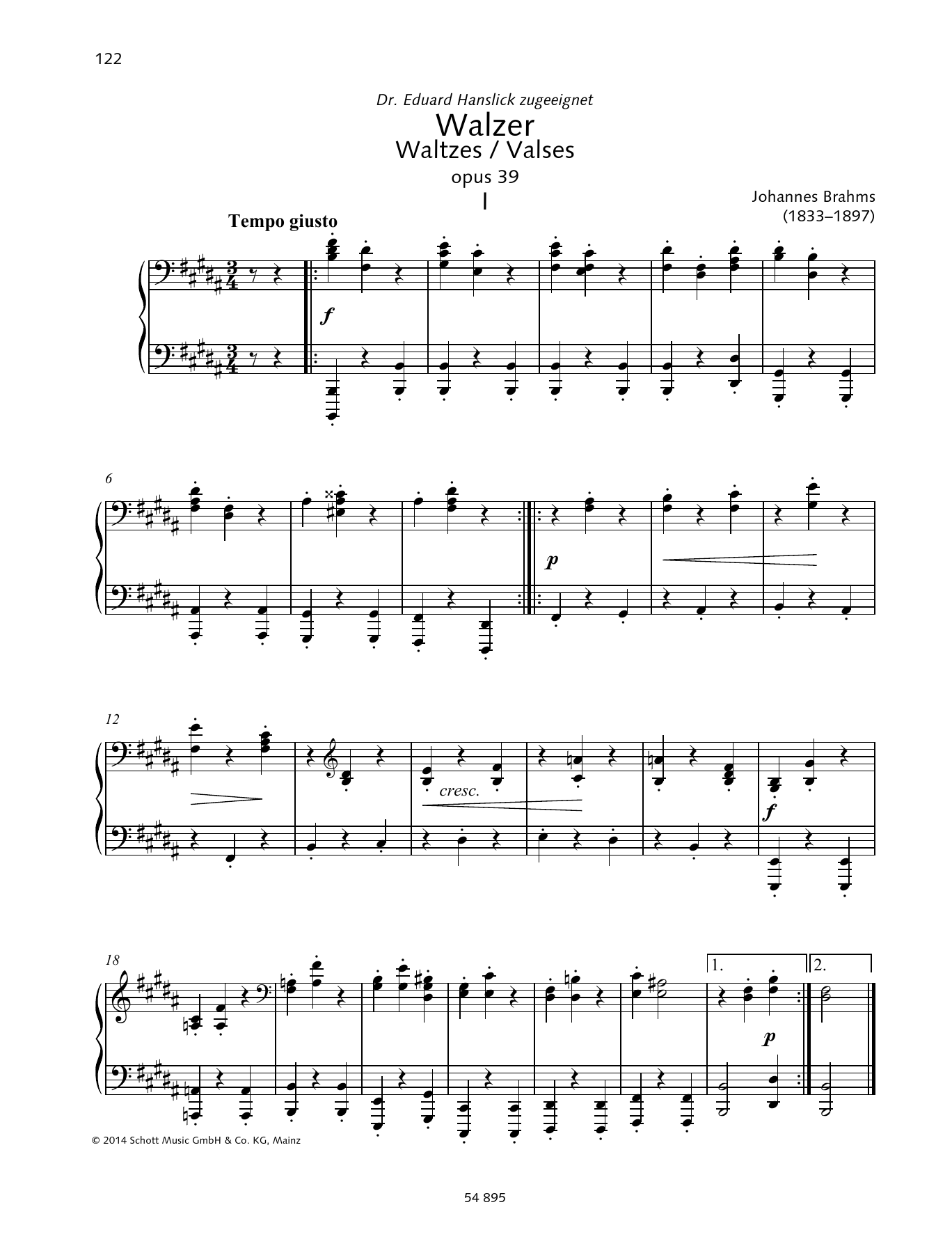 Johannes Brahms Waltzes sheet music notes and chords arranged for Piano Duet