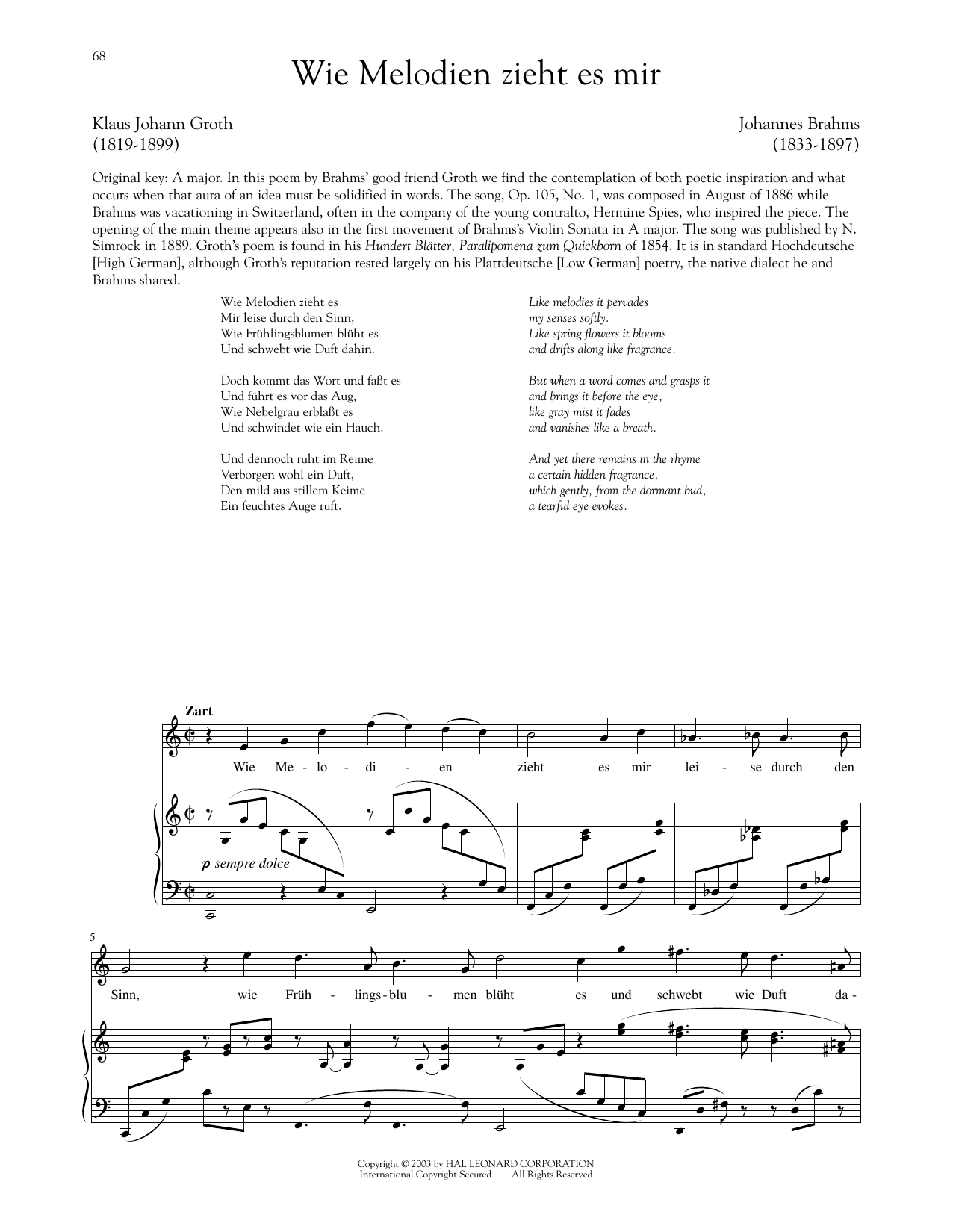 Johannes Brahms Wie Melodien Zieht Es Mir, Op. 105, No. 1 sheet music notes and chords arranged for Piano & Vocal