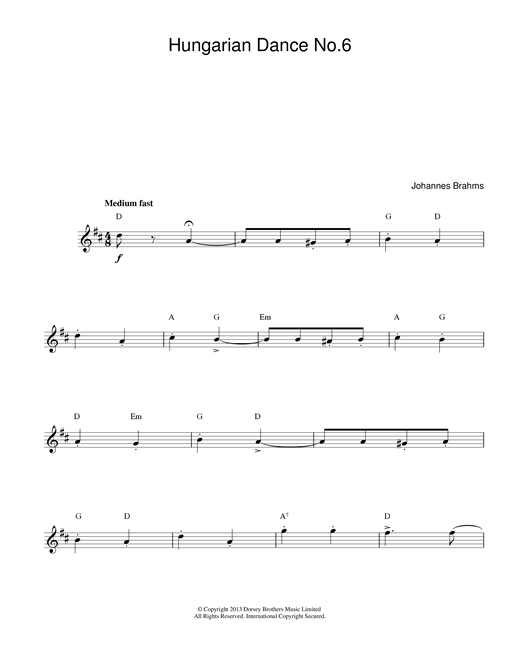 Johannes Brahms Hungarian Dance No.6 sheet music notes and chords. Download Printable PDF.