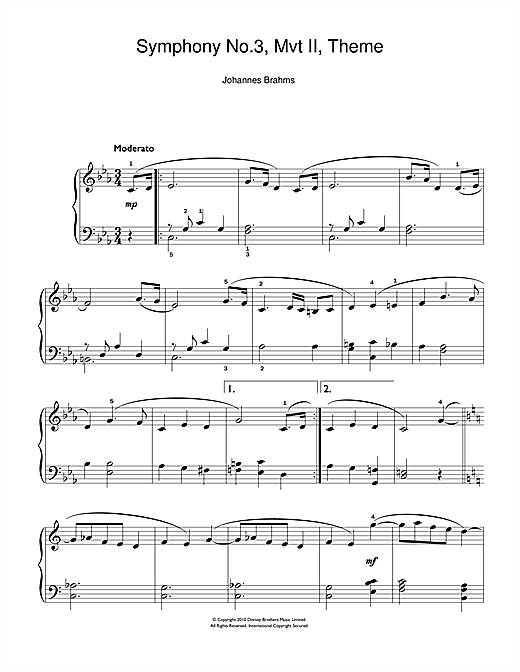 Johannes Brahms Symphony No.3, Andante sheet music notes and chords arranged for Beginner Piano