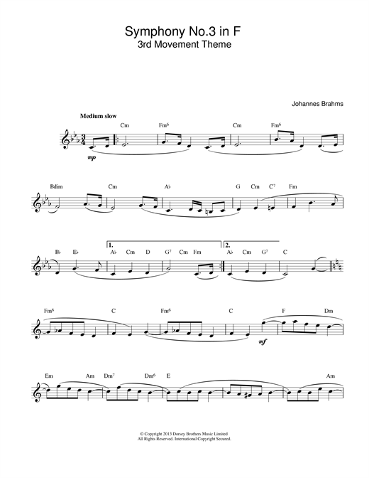 Johannes Brahms Symphony No 3 In F sheet music notes and chords. Download Printable PDF.