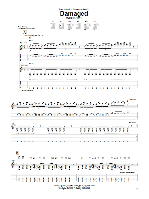 John 5 Damaged sheet music notes and chords arranged for Guitar Tab
