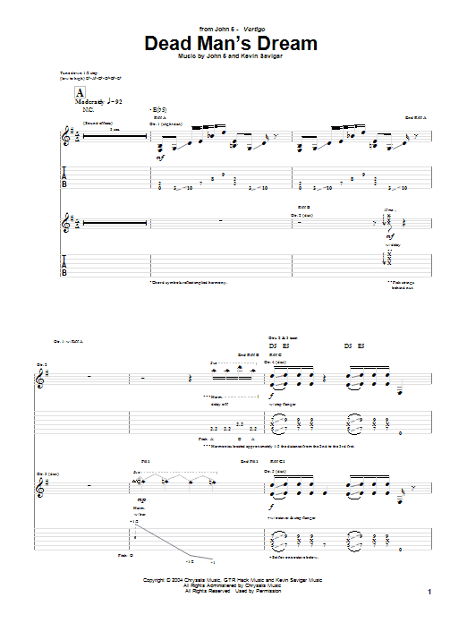 John 5 Dead Man's Dream sheet music notes and chords arranged for Guitar Tab