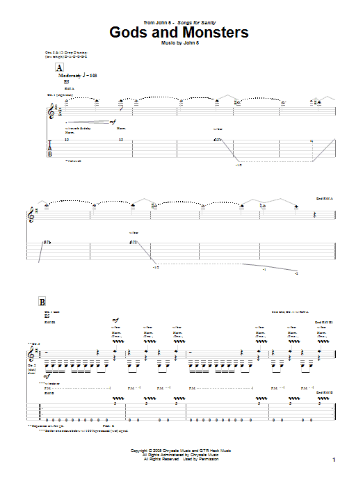 John 5 Gods And Monsters sheet music notes and chords arranged for Guitar Tab