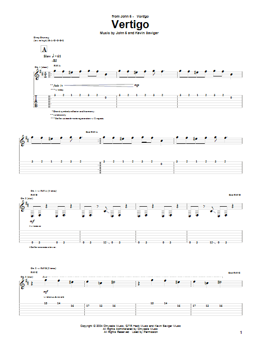 John 5 Vertigo sheet music notes and chords arranged for Guitar Tab