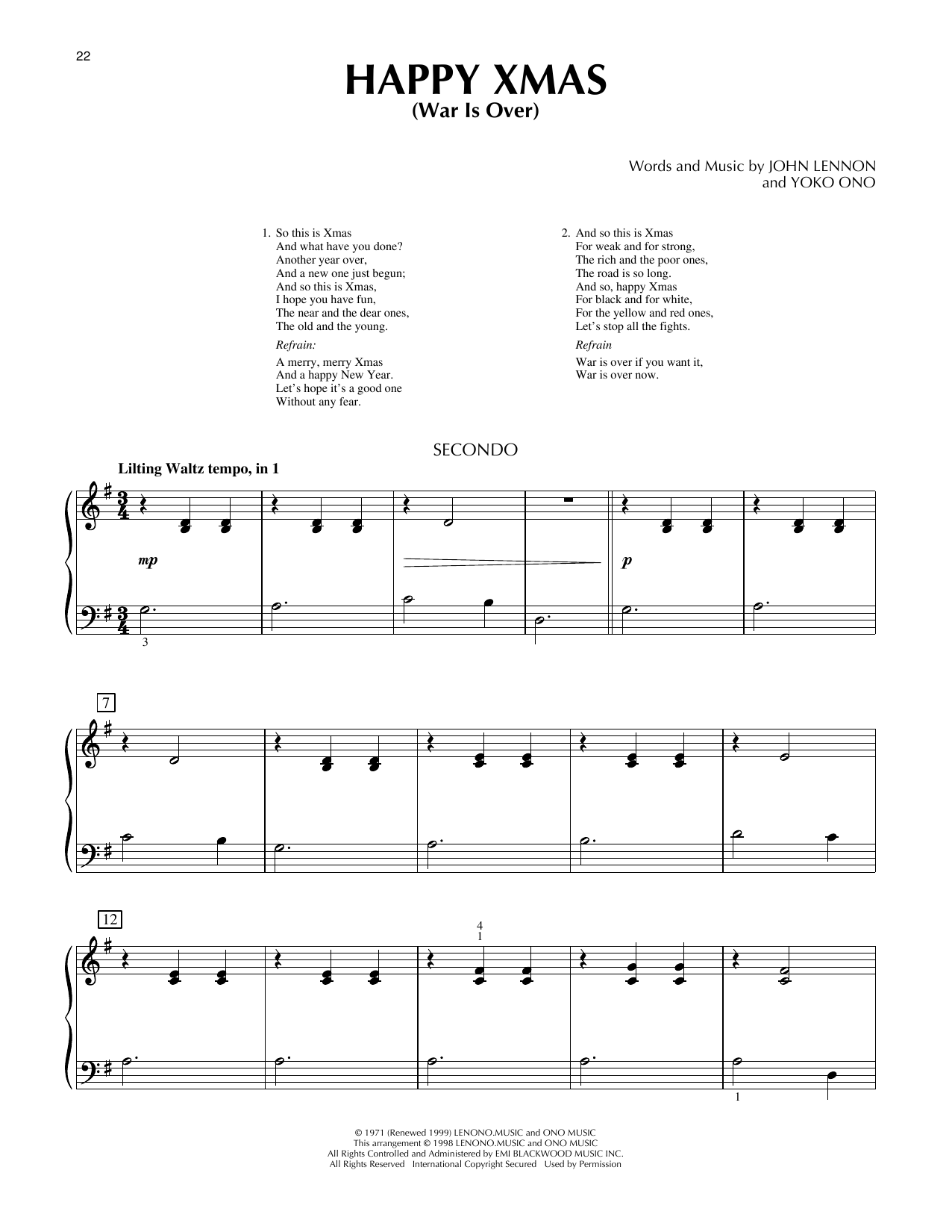 John & Yoko Ono w/Harlem Comm. Happy Xmas (War Is Over) sheet music notes and chords arranged for Piano Duet