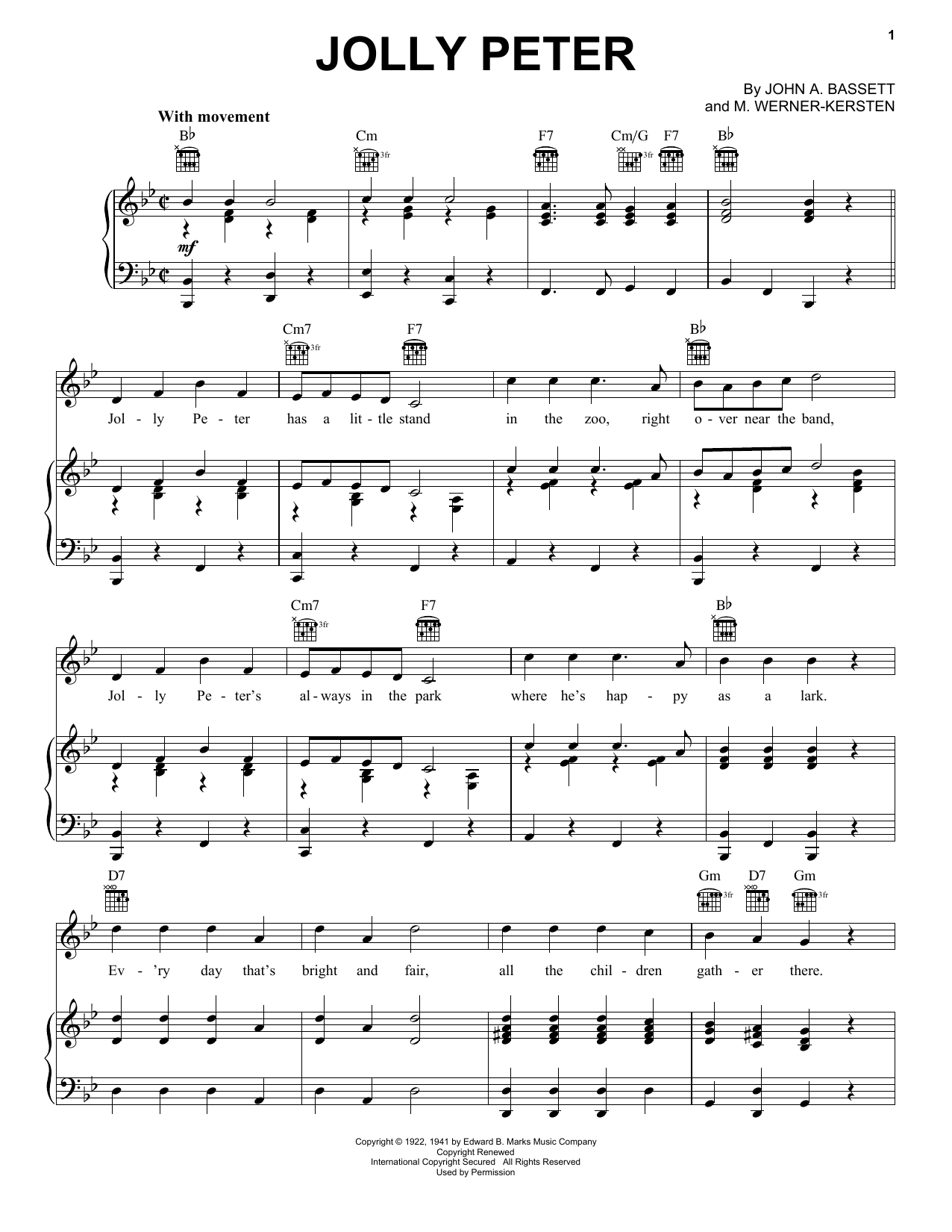 John A. Bassett Jolly Peter sheet music notes and chords arranged for Piano, Vocal & Guitar Chords (Right-Hand Melody)