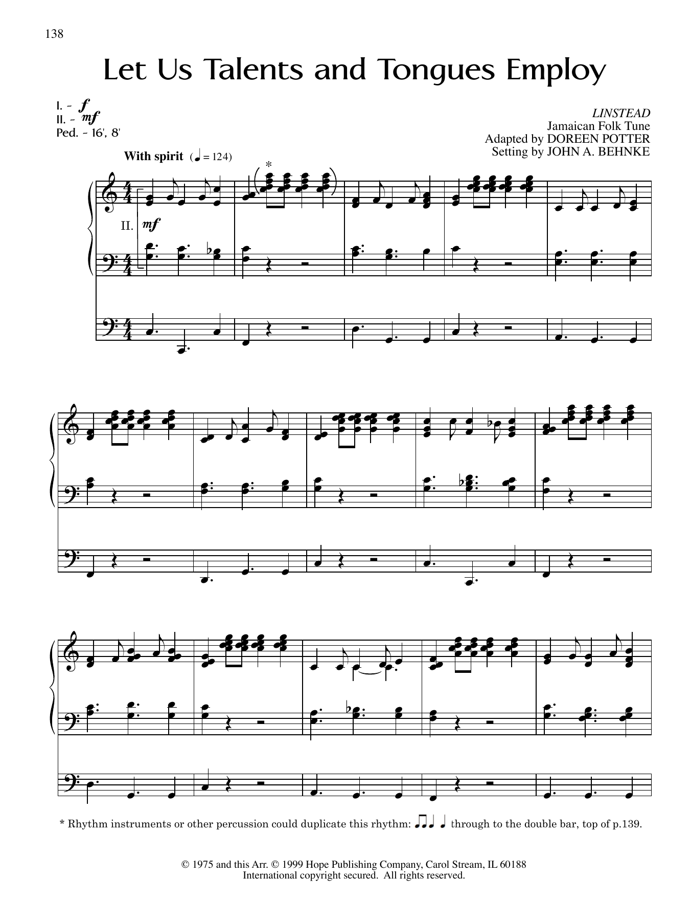 John A. Behnke Let Us Talents and Tongues Employ sheet music notes and chords arranged for Organ