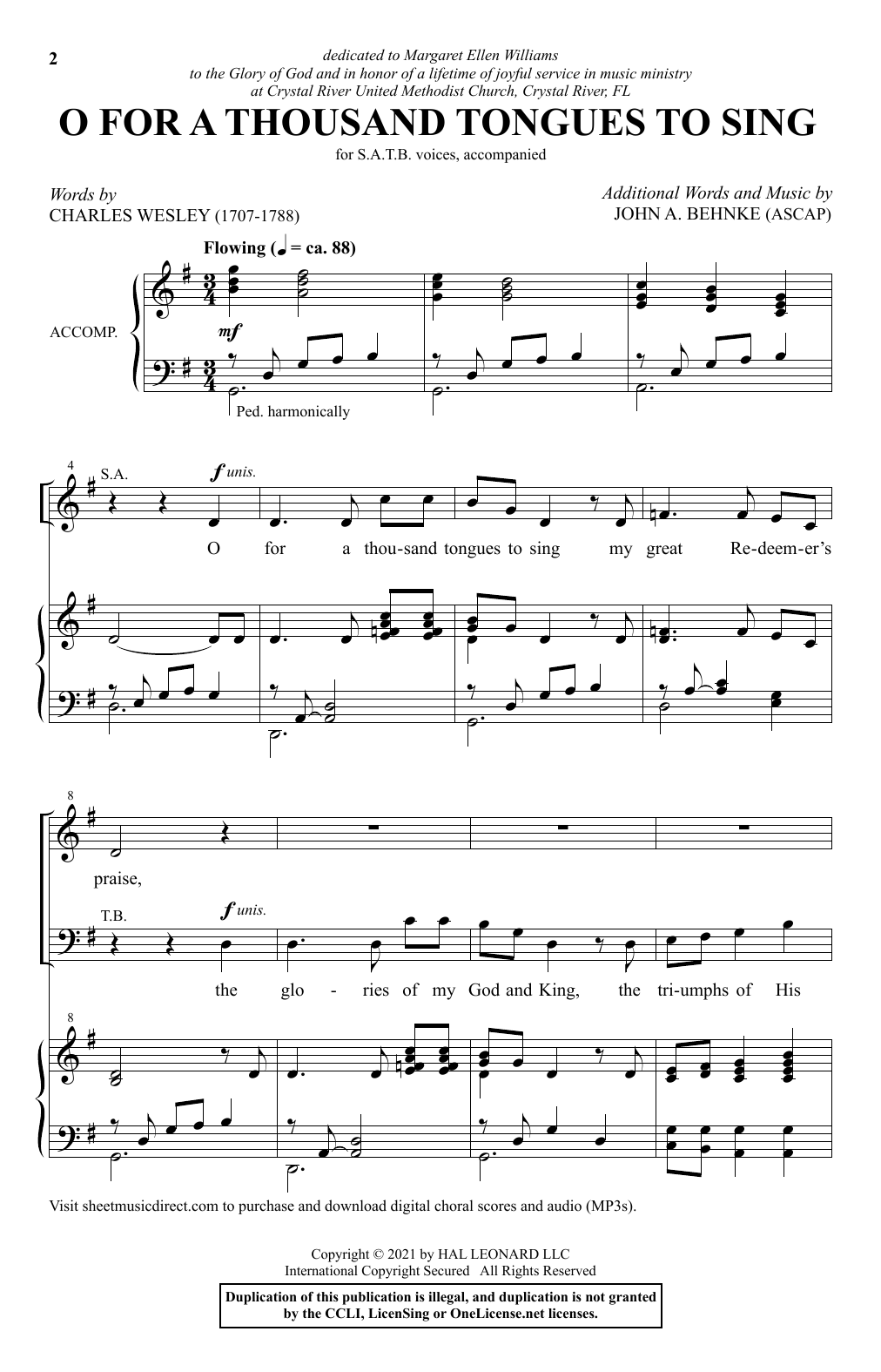 John A. Behnke O For A Thousand Tongues To Sing sheet music notes and chords arranged for SATB Choir