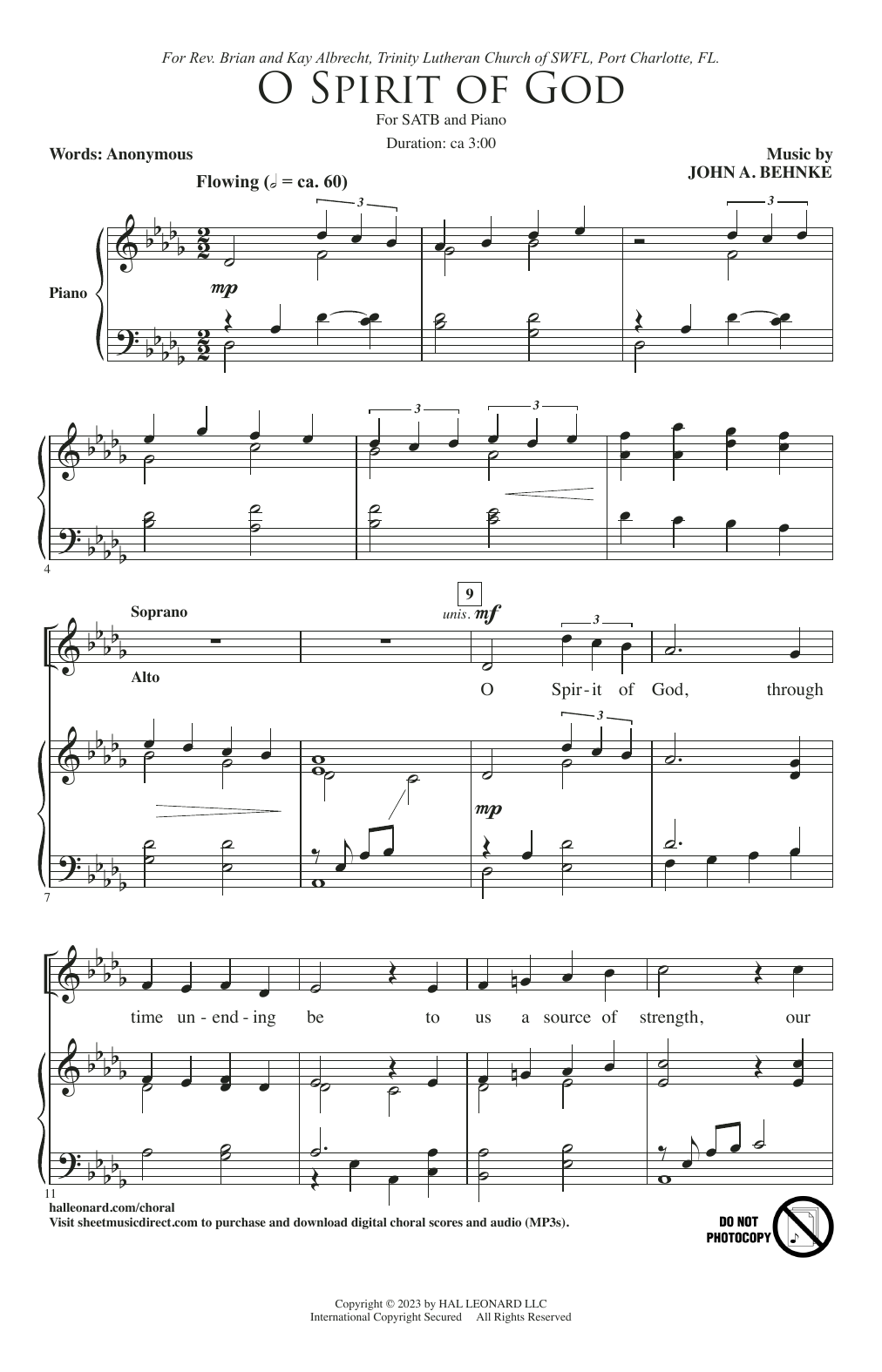 John A. Behnke O Spirit Of God sheet music notes and chords arranged for SATB Choir