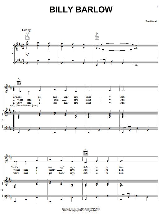 John A. Lomax Billy Barlow sheet music notes and chords arranged for Piano, Vocal & Guitar Chords (Right-Hand Melody)