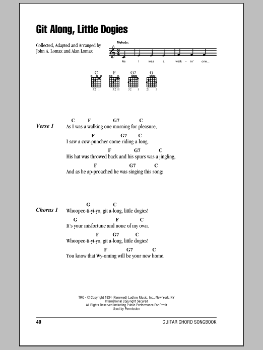 John A. Lomax Git Along, Little Dogies sheet music notes and chords arranged for Guitar Chords/Lyrics
