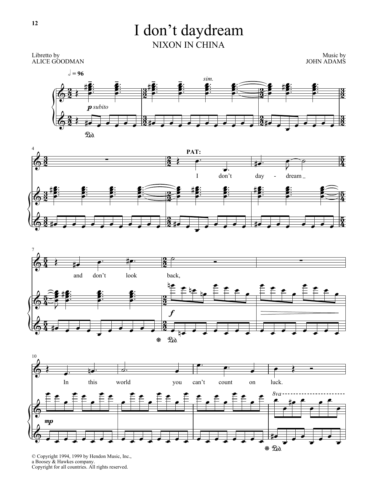 John Adams I don't daydream (from Nixon In China) sheet music notes and chords arranged for Piano & Vocal