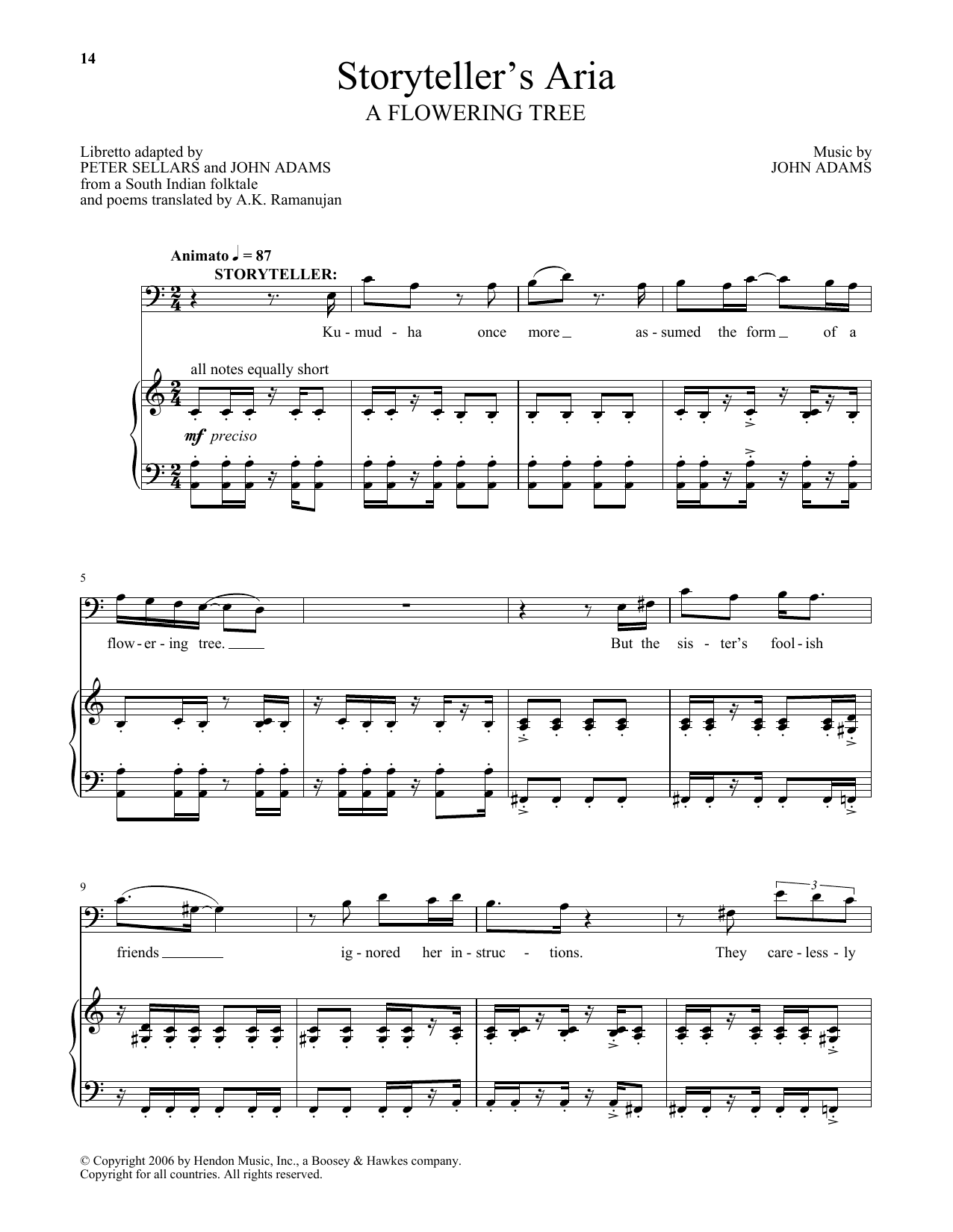 John Adams Storyteller's Aria (from A Flowering Tree) sheet music notes and chords arranged for Piano & Vocal